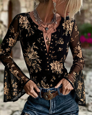 V-Neck Button Front Floral Bell Sleeve Blouse