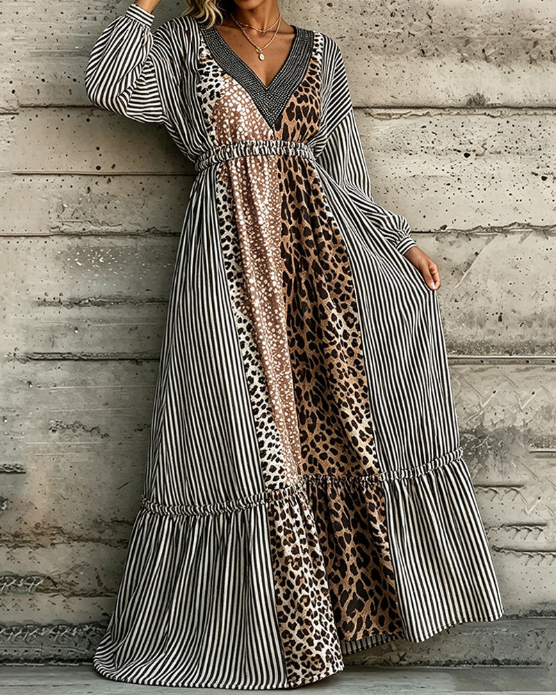 V-Neck Striped Leopard Print Patchwork Dress