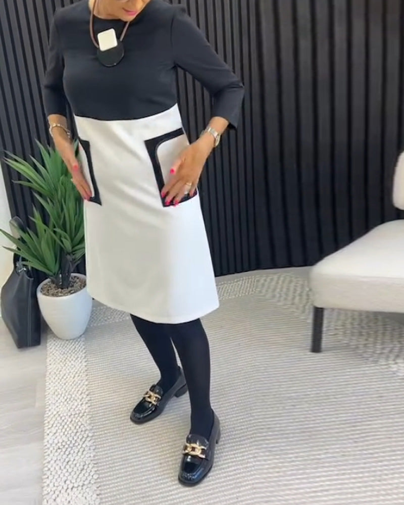Casual contrast colour crew neck pocket dress