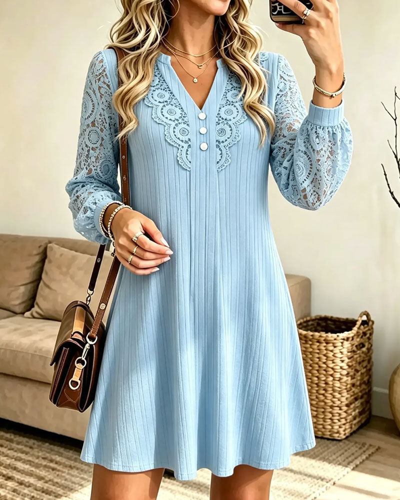 Lace Long Sleeve V-Neck A-Line Dress