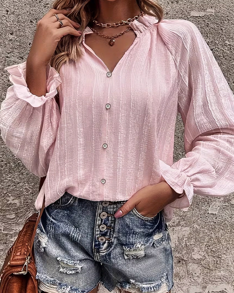 Pleated Stand Collar Ruffled Blouse