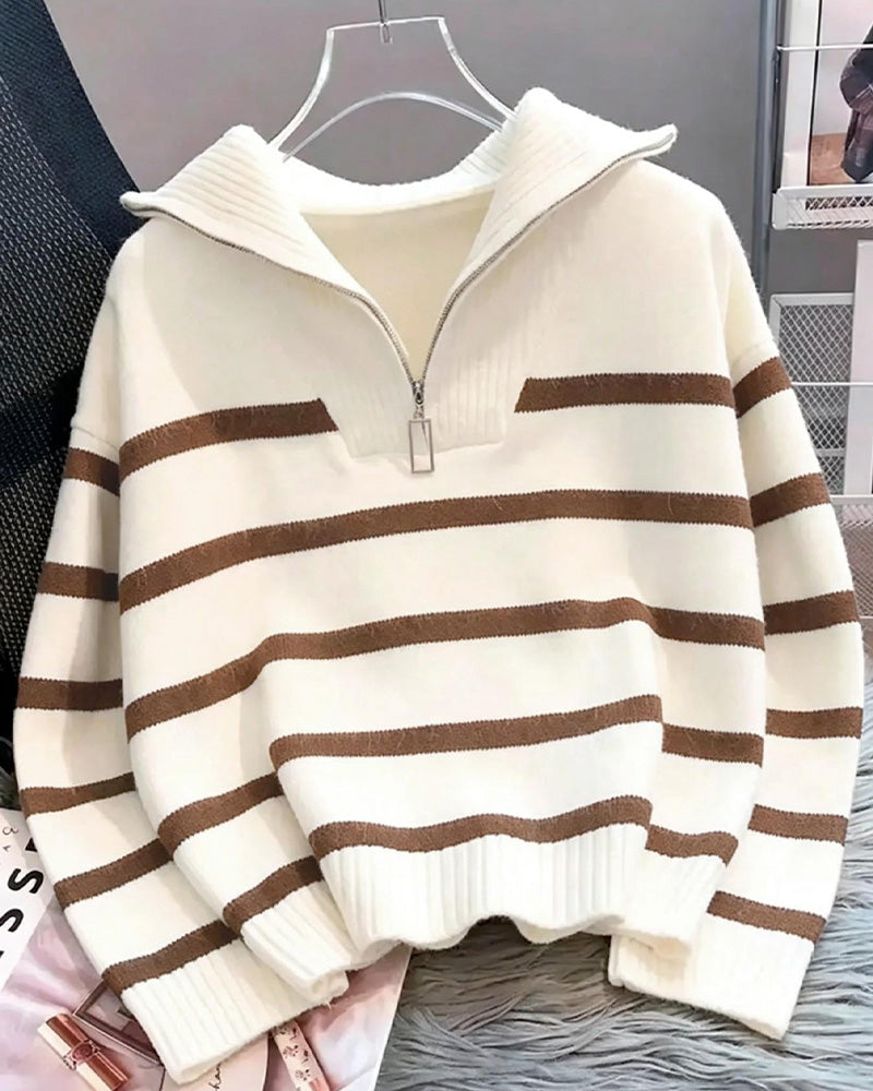 Lapel Zip Striped Long-Sleeve Pullover