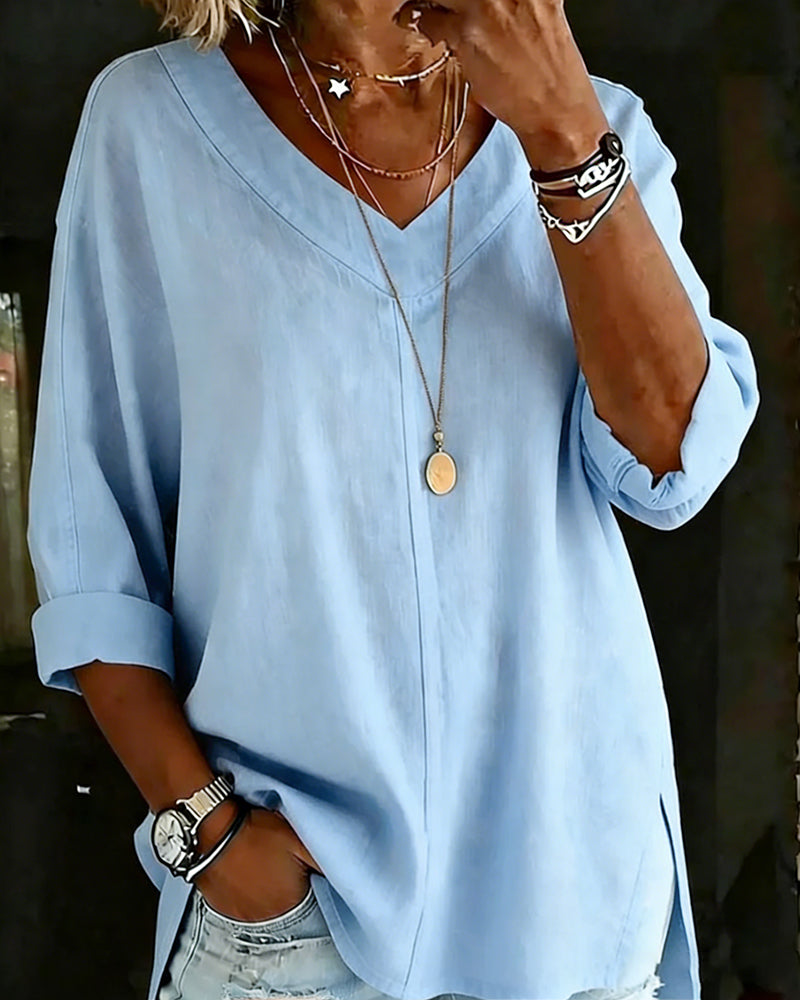 100% Cotton V-Neck Three-Quarter Sleeve Slit Top