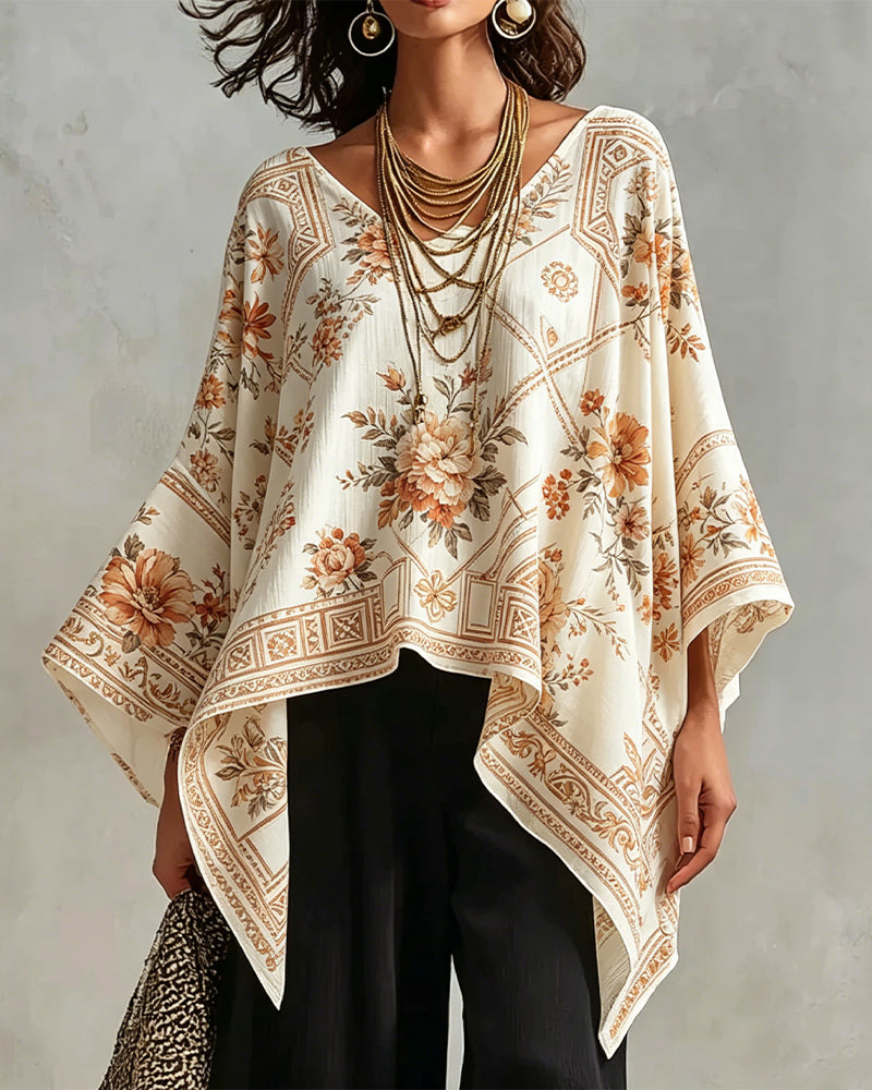 V-Neck Floral Irregular Blouse