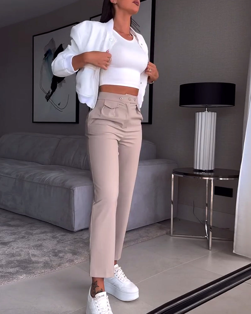 Solid color pocket casual suit pants