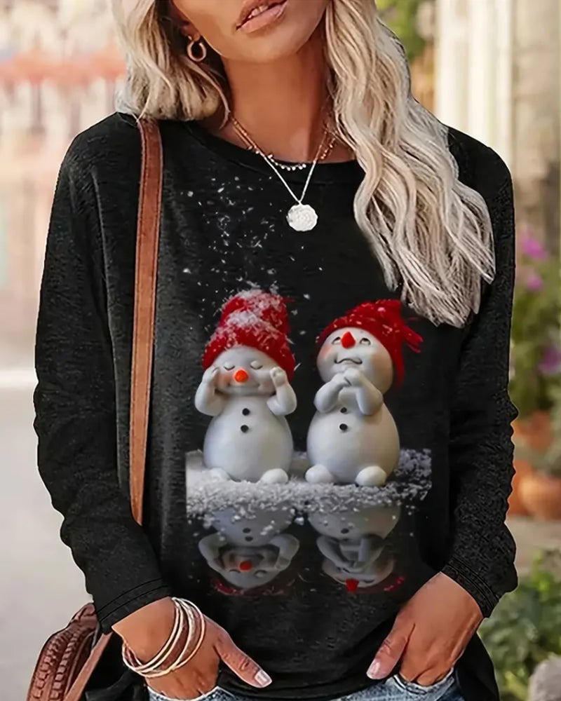 Snowman Print Crew Neck Casual Long Sleeve Top