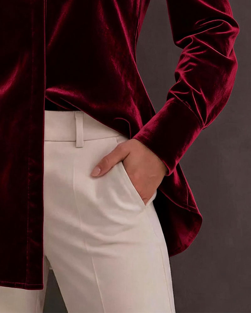 Velvet Ruffled Puff Sleeve Blouse