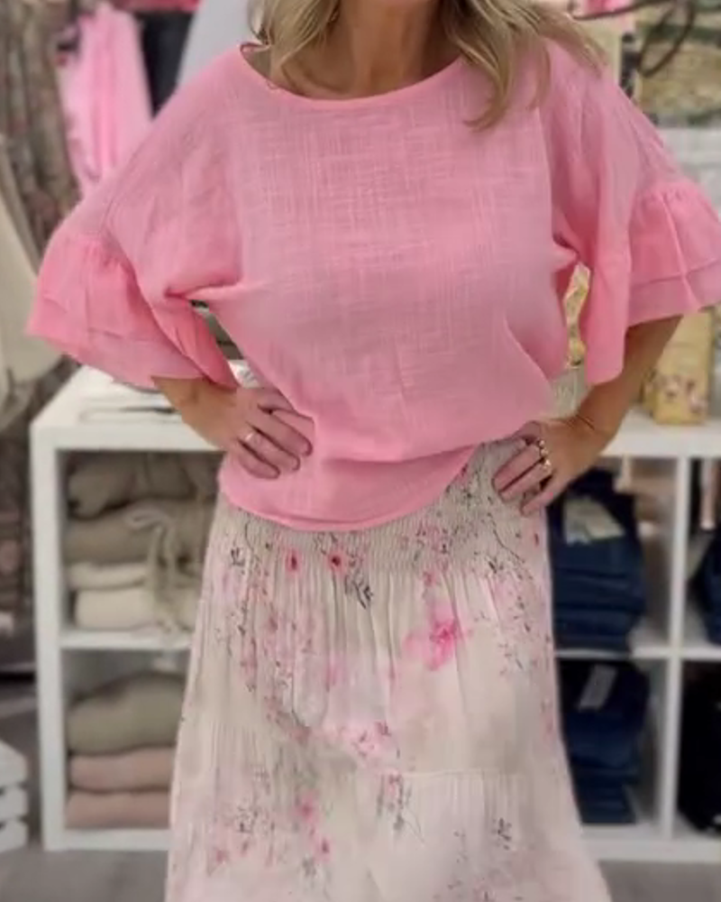 Loose Fit Crewneck Ruffle Sleeve Blouse
