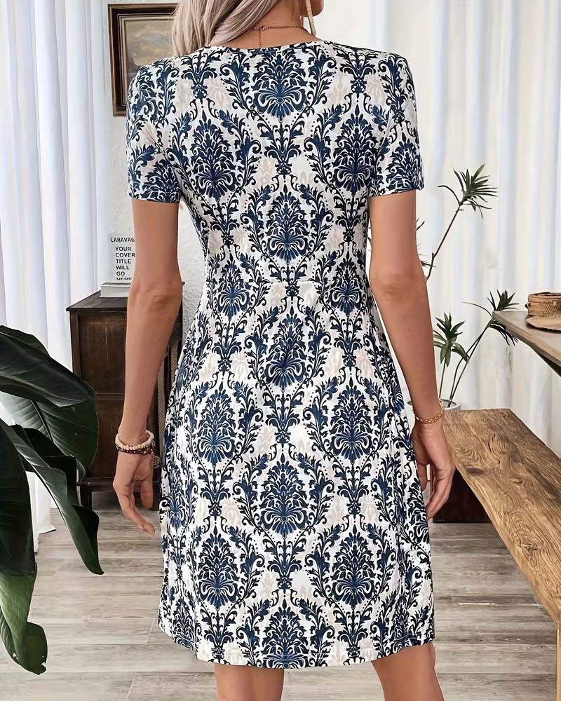 V-Neck Ruched High Waist Bohemian Dress