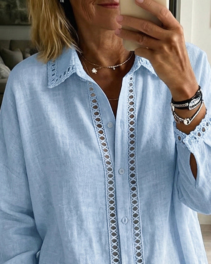 Hollow Out Lace Patchwork Lapel Shirt
