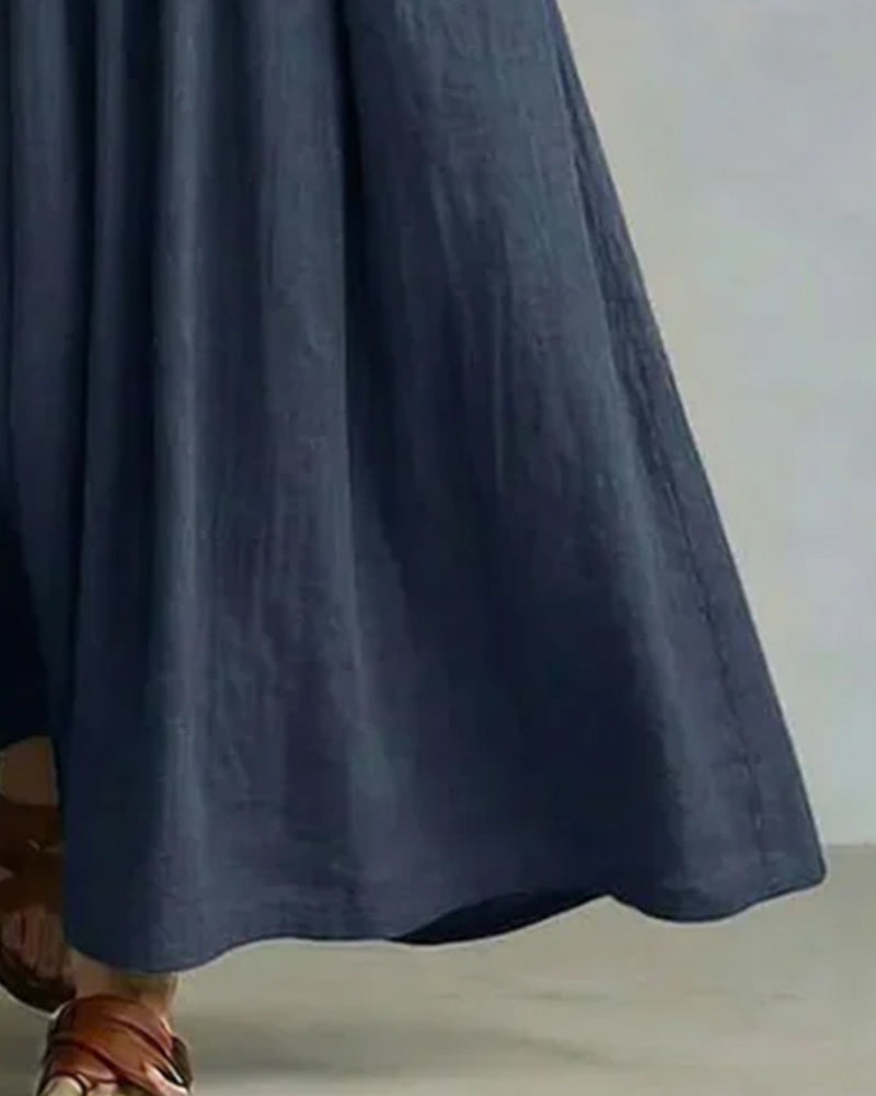 Pleated V-Neck Half Placket A-Line Long Dress