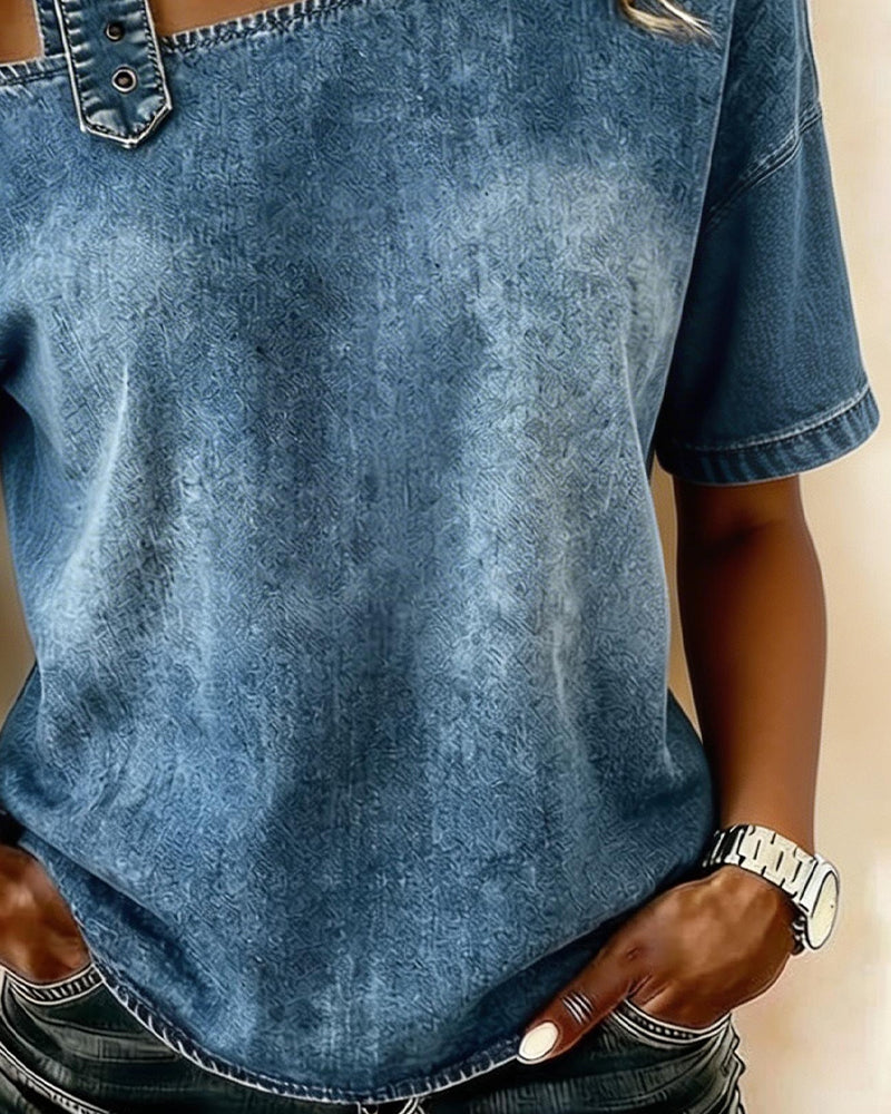One-Shoulder Metal Buckle Denim Top
