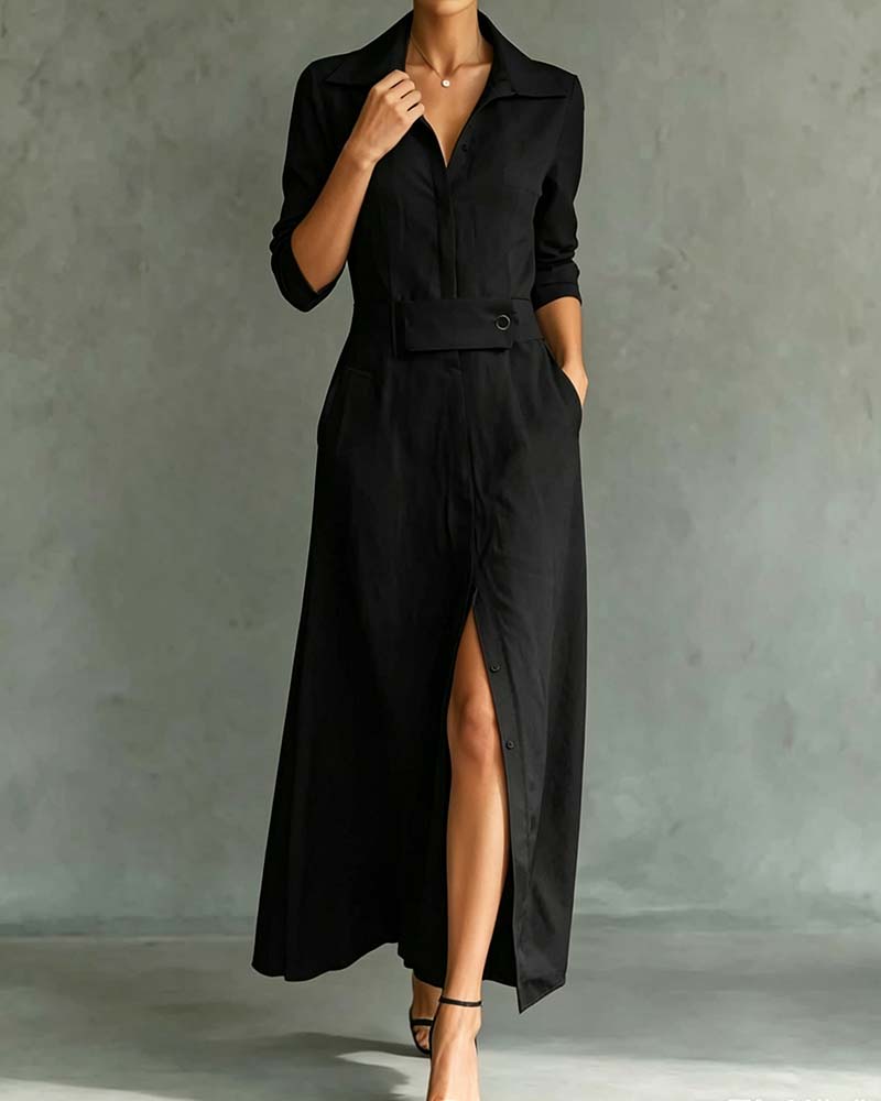 Lapel Solid Color Dress