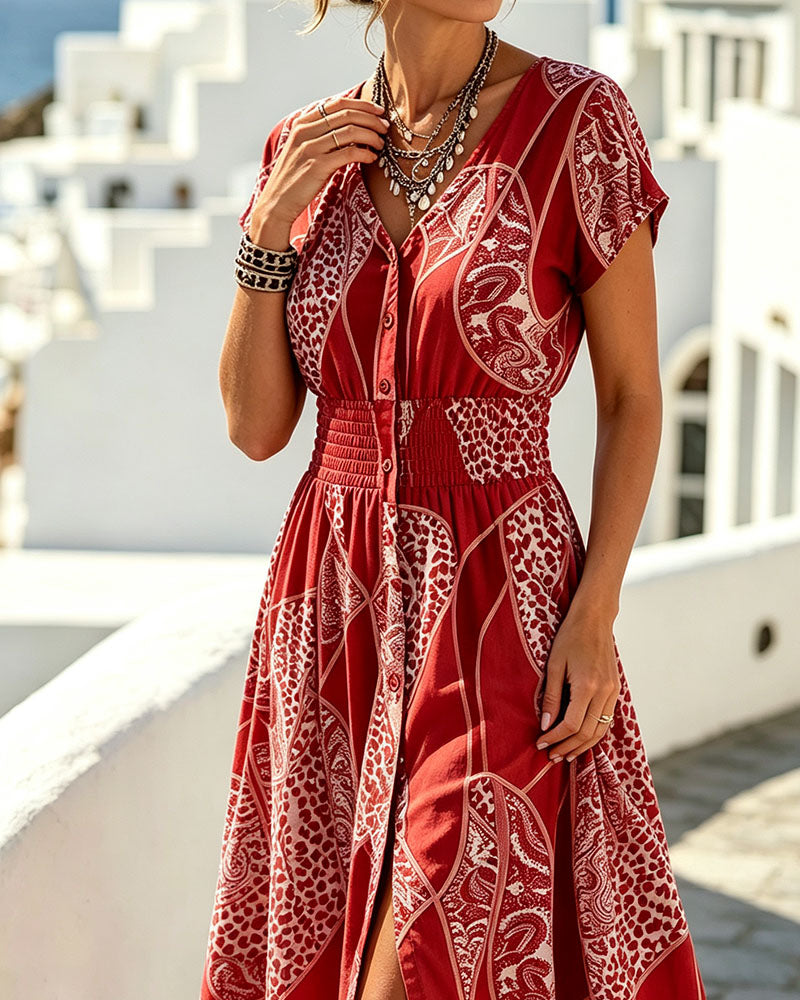Leopard Print V-Neck Button Waist Dress