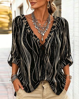 Wave Ruffle Trim V-Neck Tie Blouse