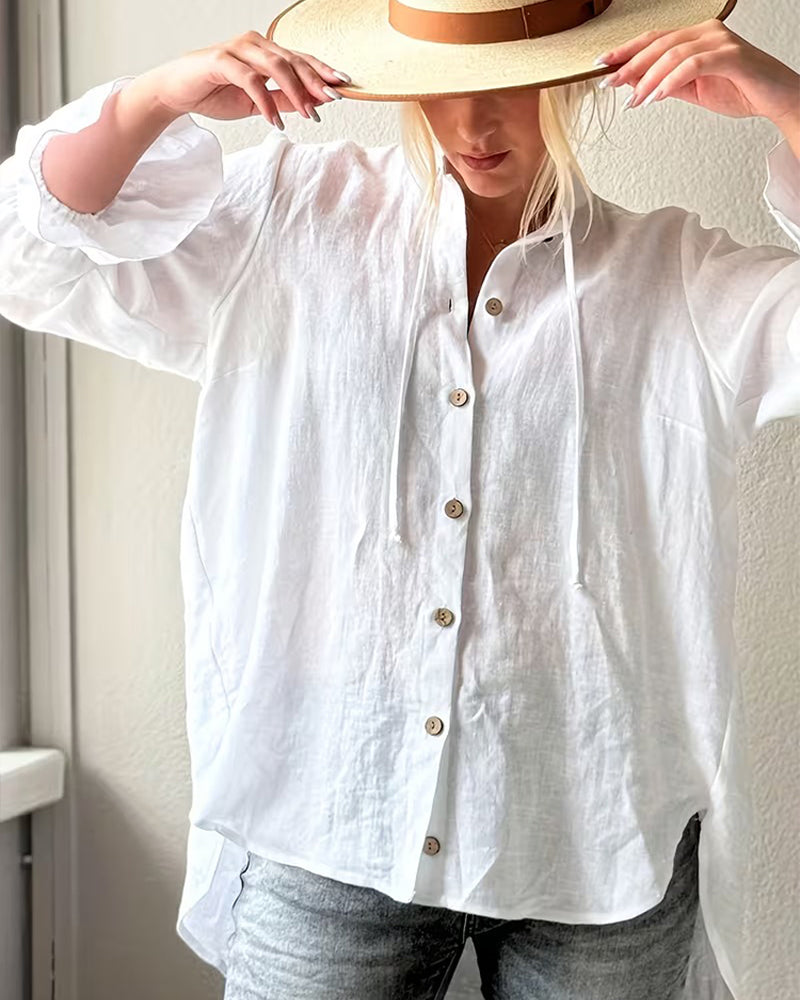 Solid Color Tie-Front Ruffle Sleeve Shirt