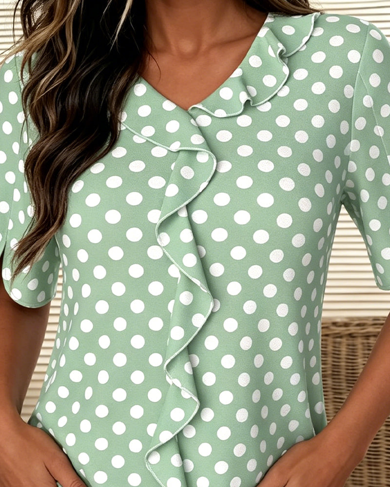 Polka Dot Ruffle V-Neck Blouse