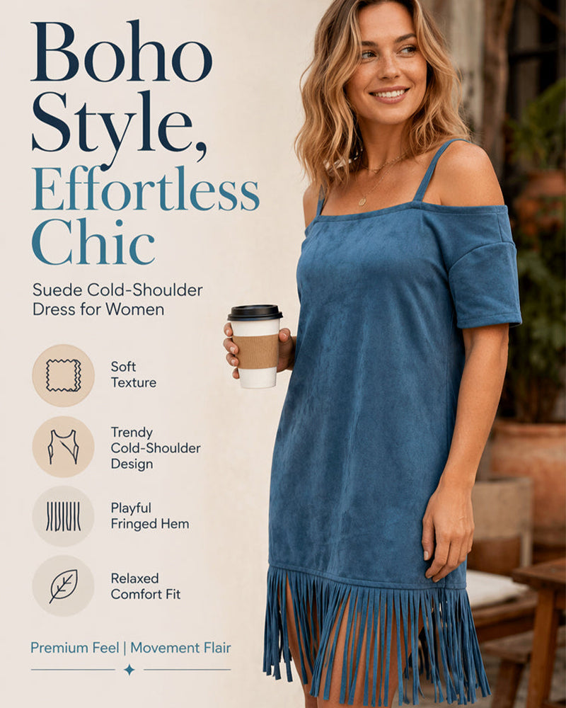 Spaghetti Strap Fringe Solid Off-Shoulder Dress