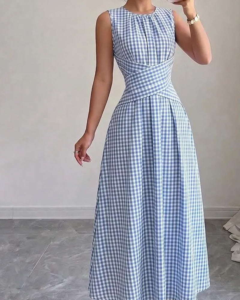Crew Neck Cross Ruched Plaid Dress
