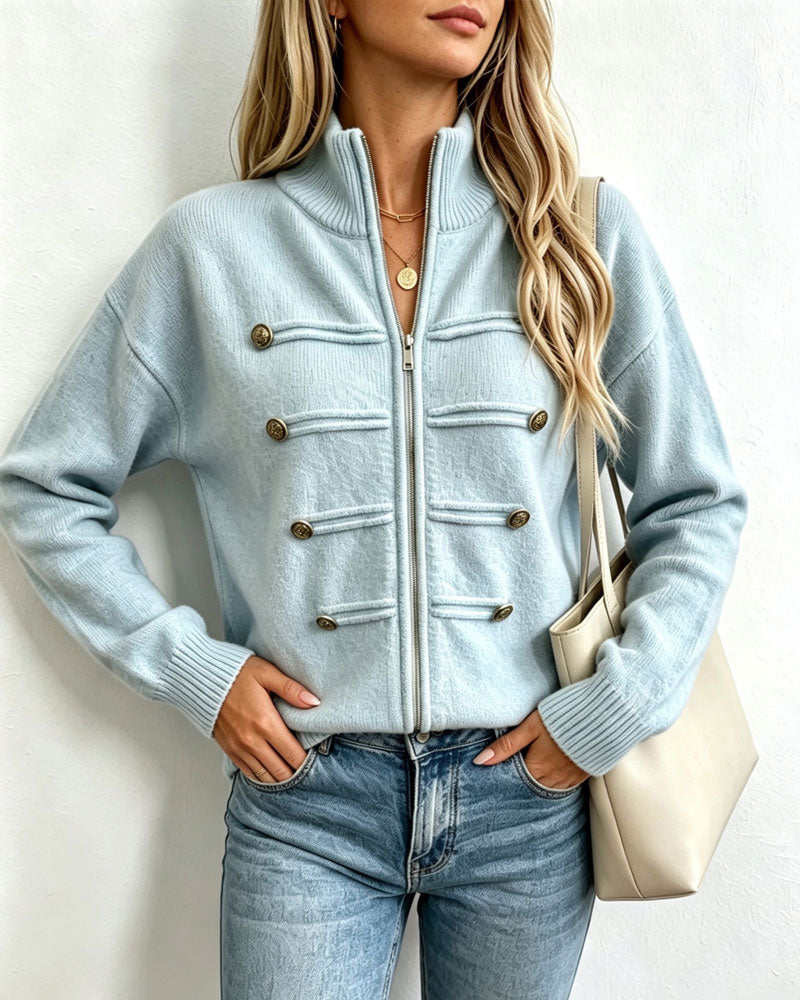 Mandarin Collar Fashion Zipper Knit Cardigan