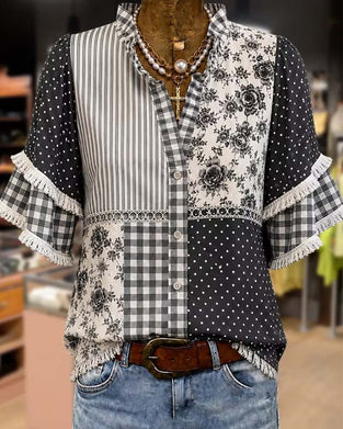 Mandarin Collar Polka Dot Plaid Blouse