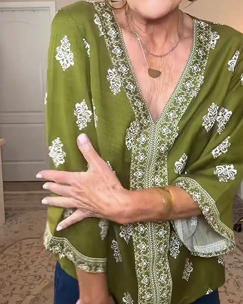V-Neck Ethnic Loose Blouse