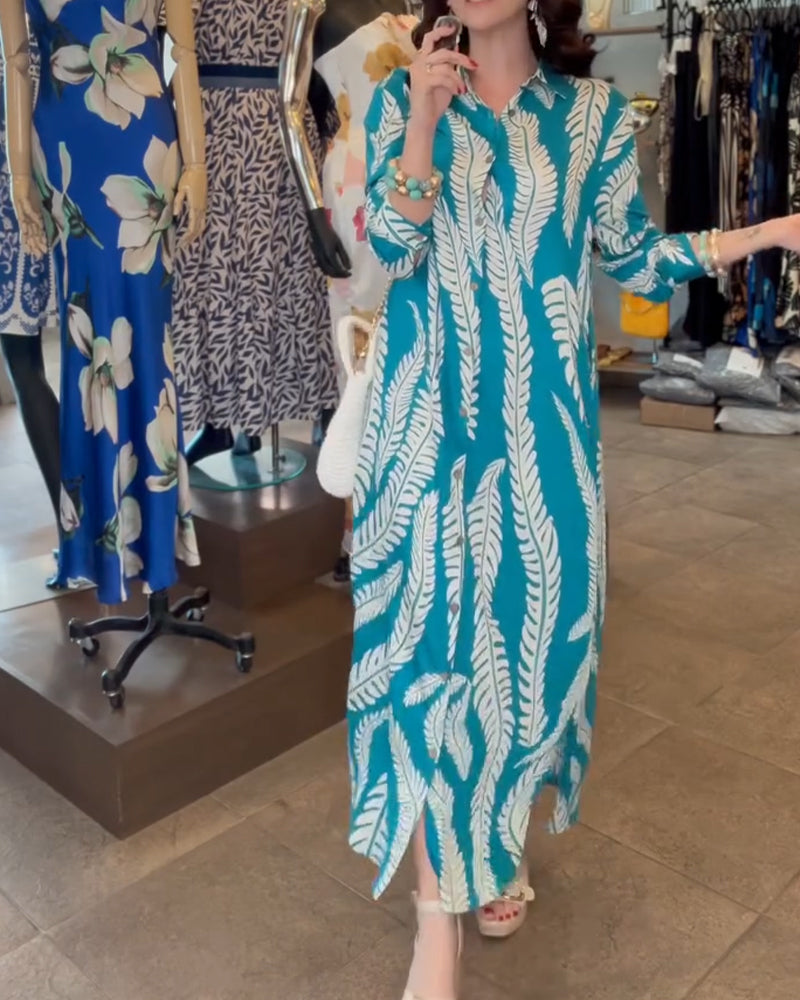 Collared Leaf Print Shirt Dress