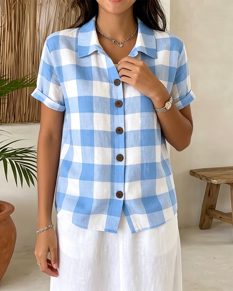 Blue White Large Plaid Lapel Shirt
