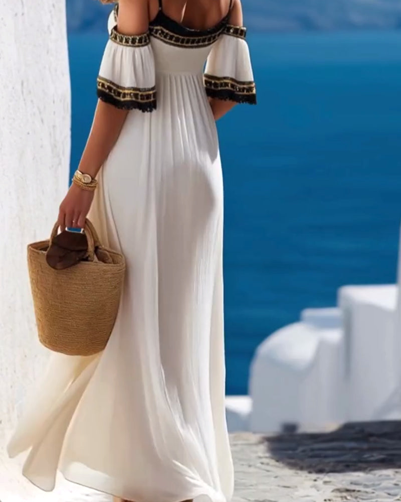 Heavily Embellished Embroidered Off-Shoulder Slit Vacation Dress