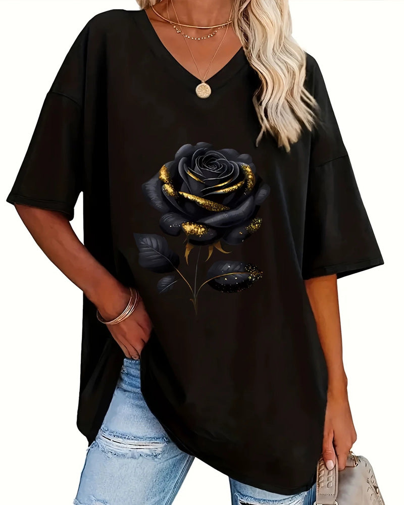 Rose Print Loose Fit Half Sleeve T-Shirt