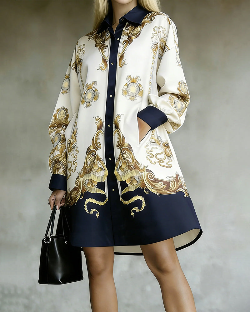 Lantern Sleeve Printed Lapel Shirt Dress