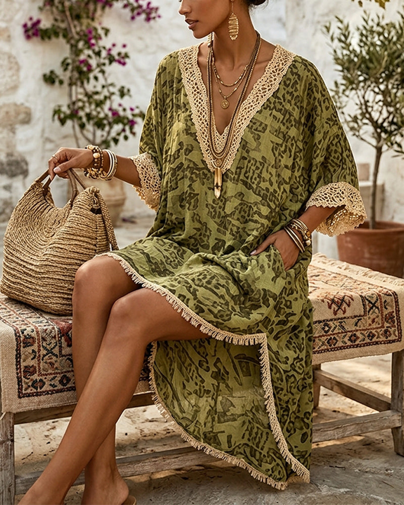 Fringed-Trim V-Neck Resort Cover-Up Dress