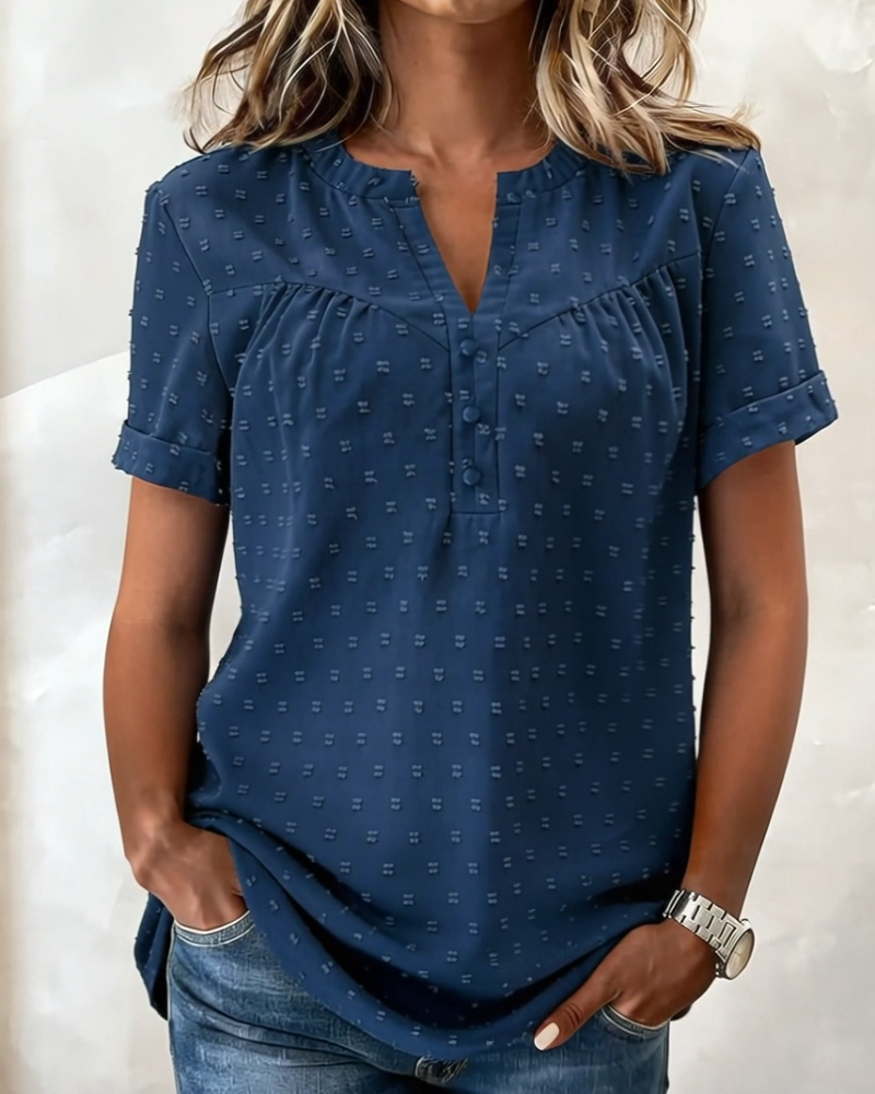 Jacquard V-Neck Half-Placket Short Sleeve Blouse