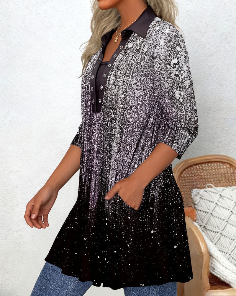 Long-Sleeved Collared Printed Blouse