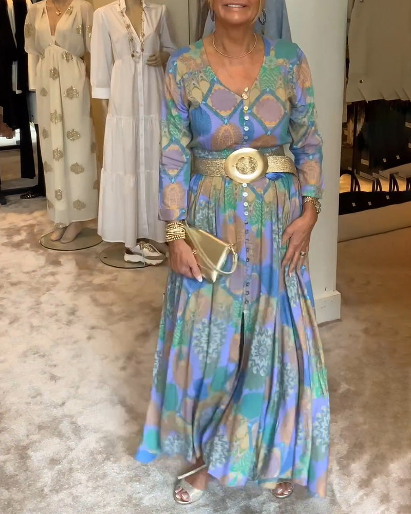 Vintage printed button slit long sleeve dress