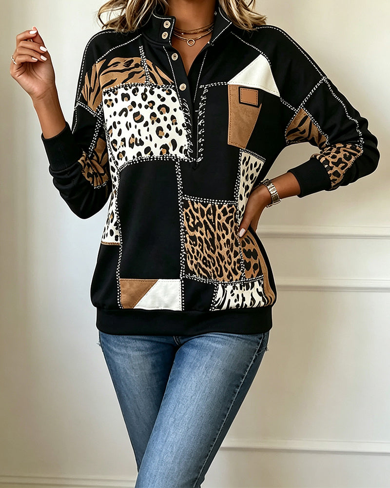 Leopard Patchwork Stand Collar Sweatshirt