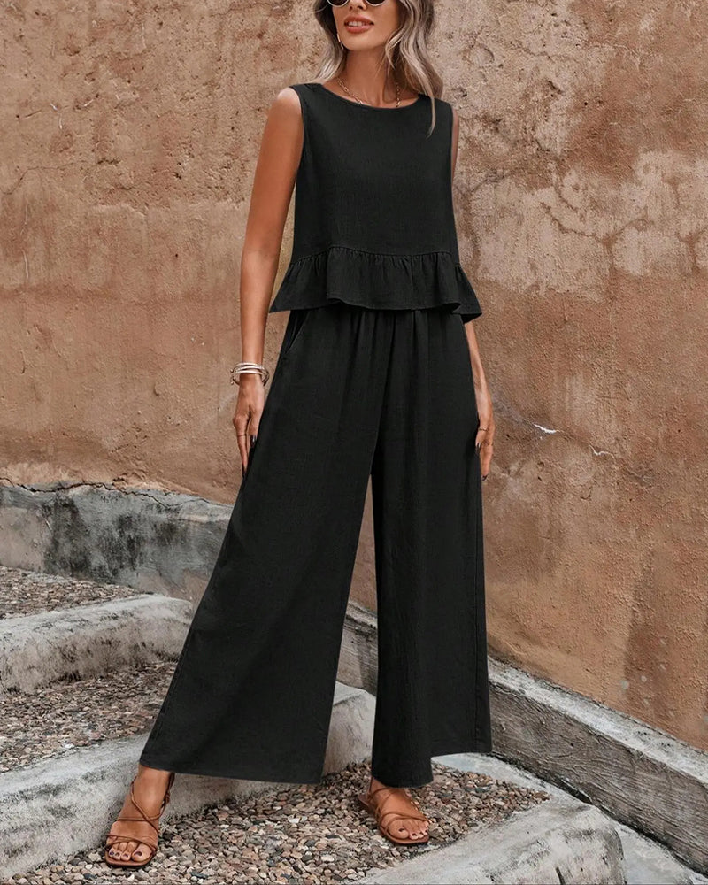 Sleeveless Round Neck Ruffle Wide Leg Set