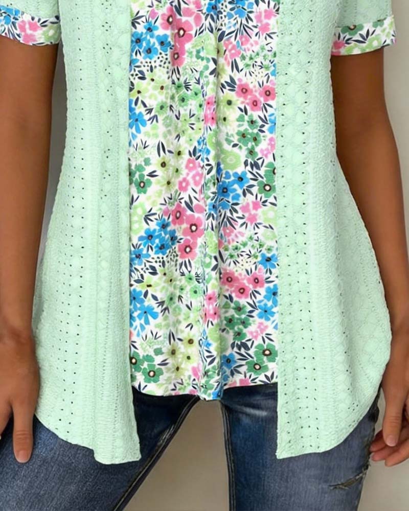 Faux Two-Piece Print Hollow Blouse
