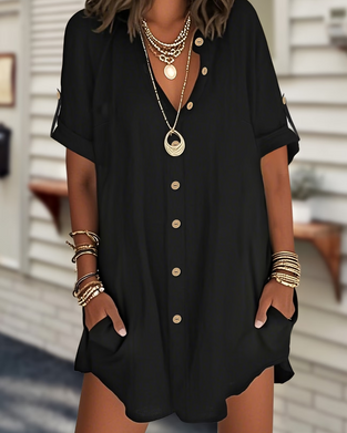 Buttoned Short Sleeve Loose Shirt Dress