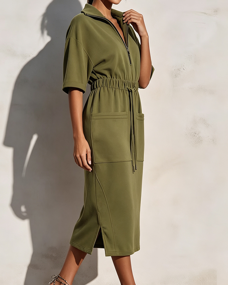 Zip Lapel Waist Pocket Dress