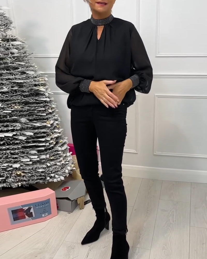 Fashion solid color stand collar patchwork hollow blouse