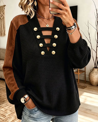 V-Neck Button Color Block Top