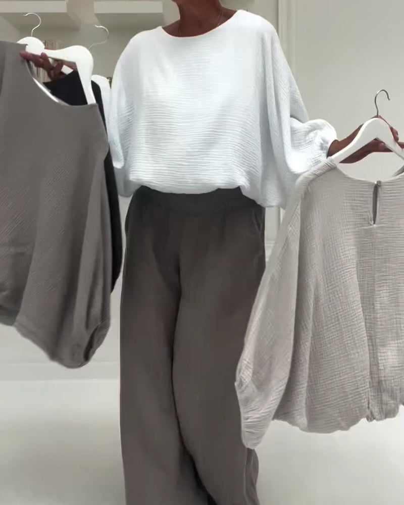 Elegant Pleated Batwing-Sleeve Blouse