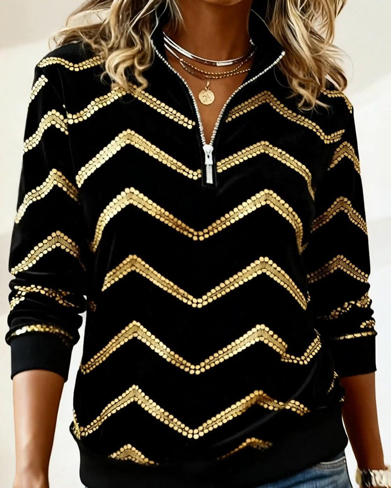 Zippered Long-Sleeve Wavy Print Sweatshirt