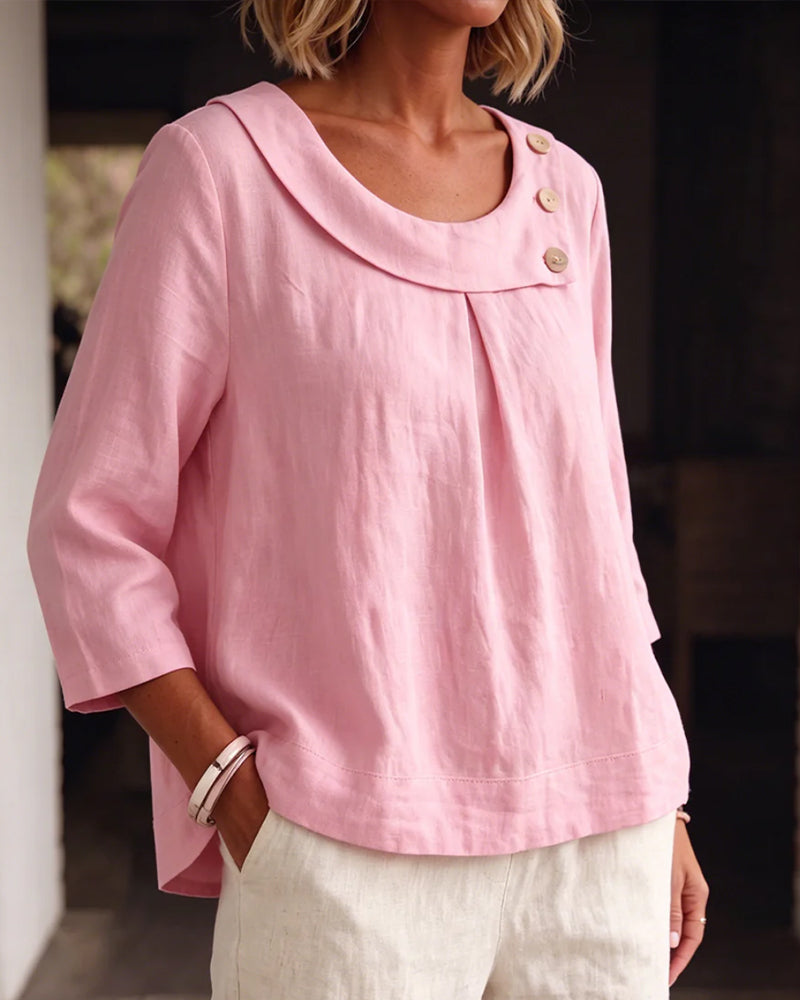 Rolled Hem Round Neck Button Loose Blouse