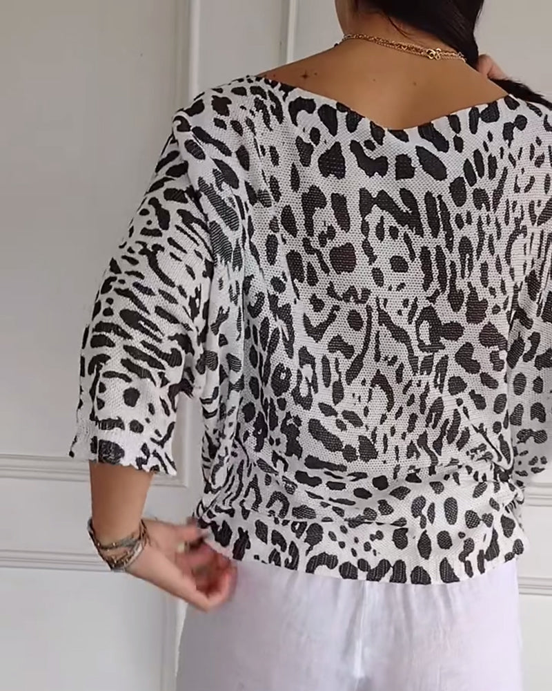Three-Quarter Sleeve Leopard Print Loose Sweater