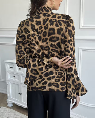 Leopard Print Ribbon Neck Blouse