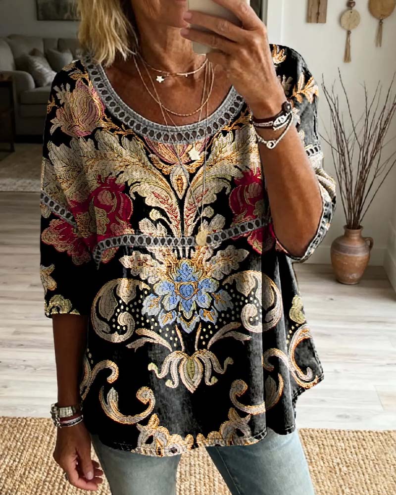 Bohemian Openwork Printed Blouse
