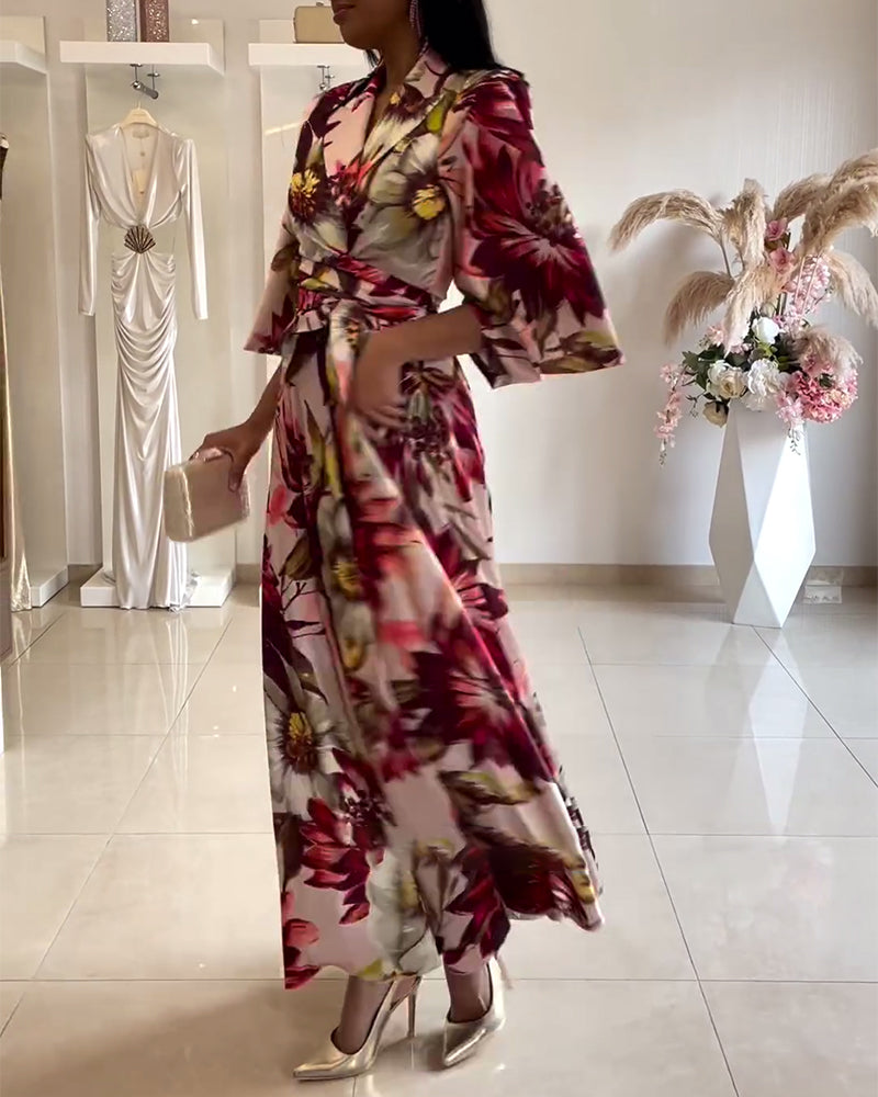 Floral print lapel three-quarter sleeve lace-up dress
