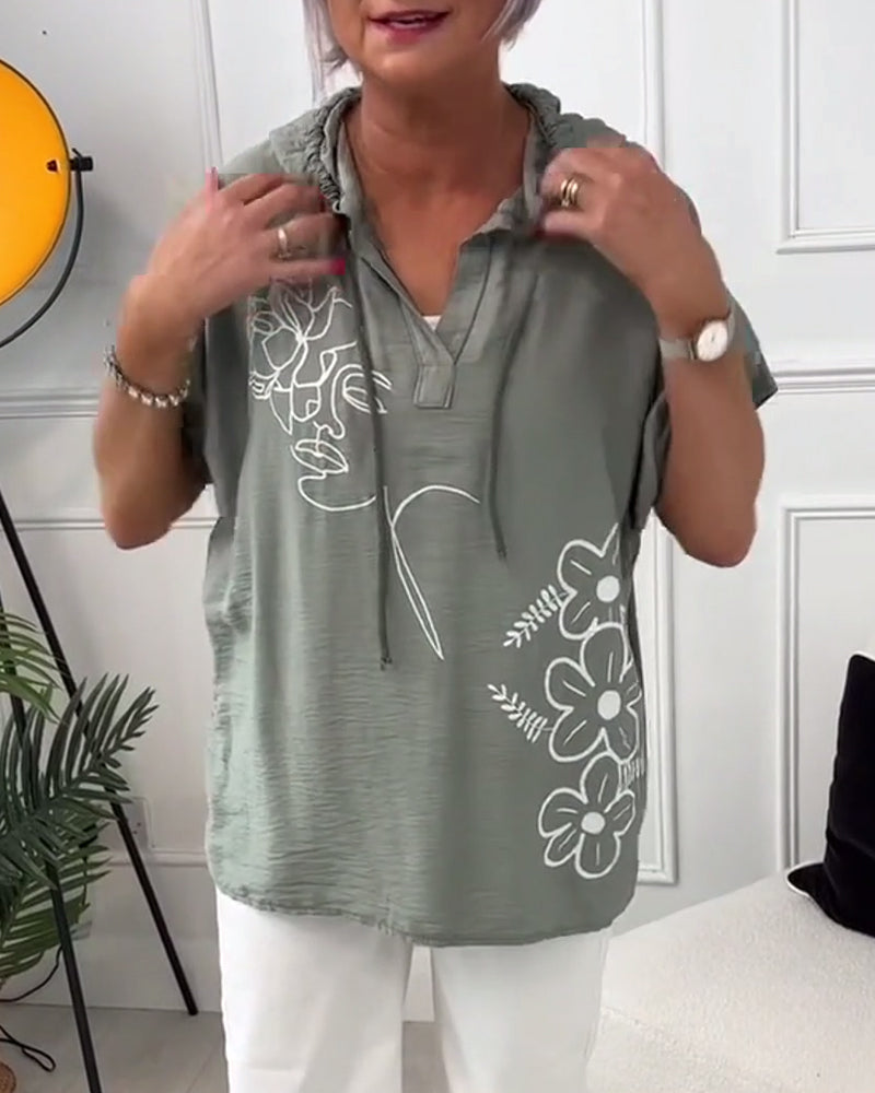 Casual floral print hooded short-sleeve blouse